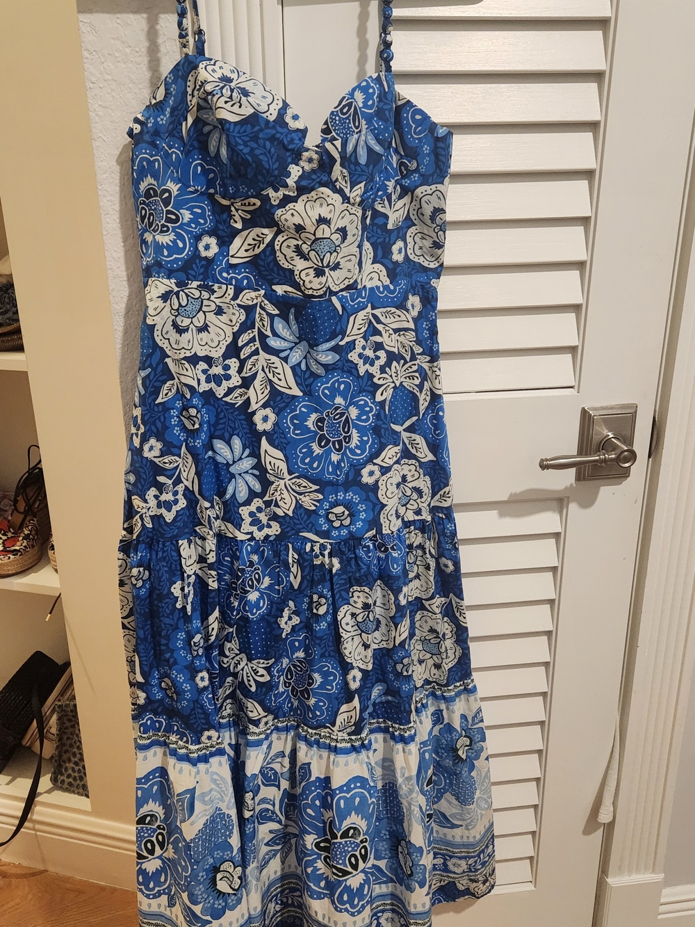 FARM Rio Blue and White Floral Tiered Maxi Dress